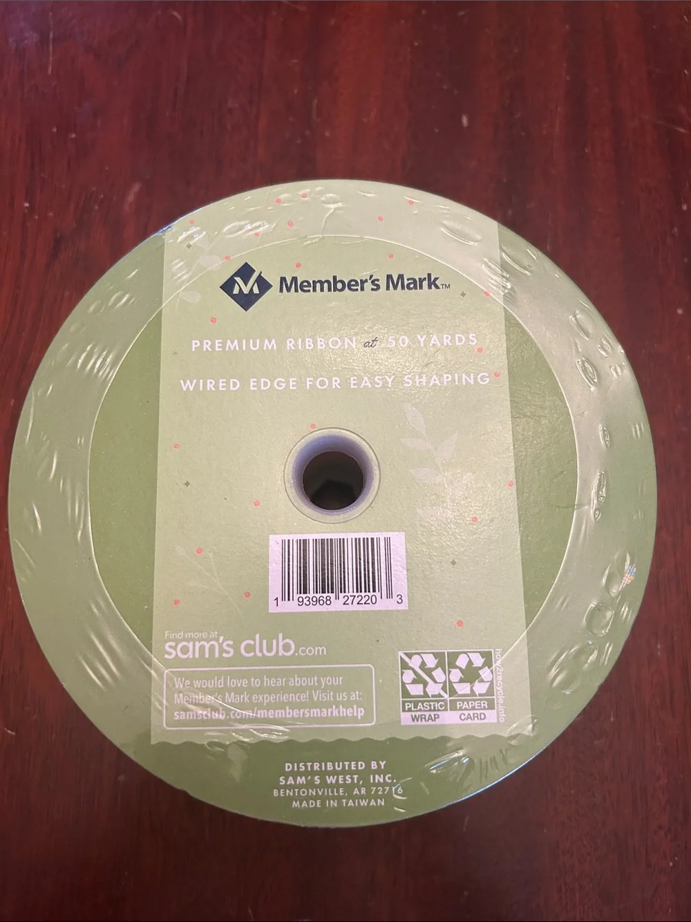 Members Mark Green pink Premium Ribbon - 2.5in x 50 Yards Wired Edge NWT